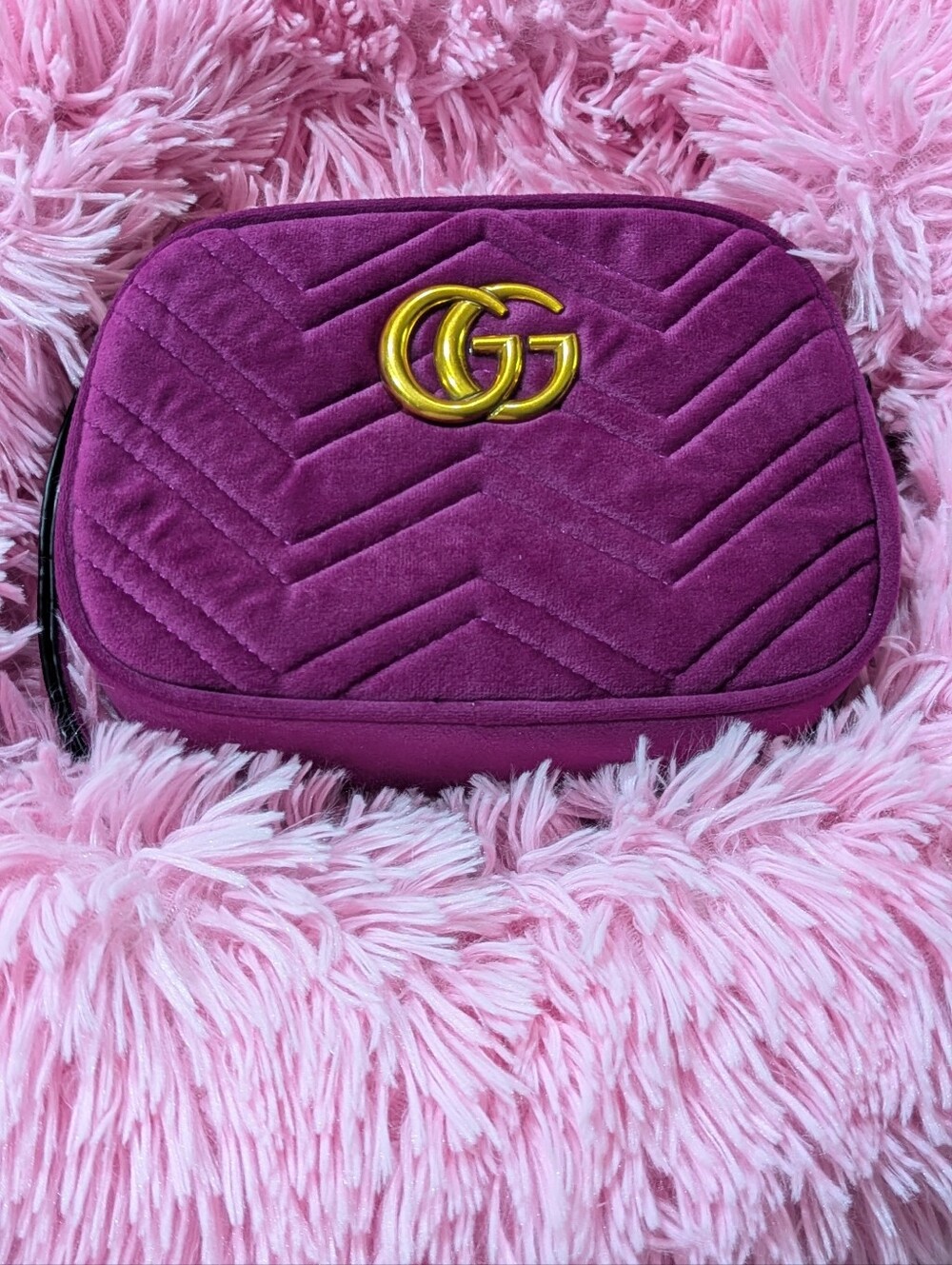 Gucci Quilted Velvet Crossbody in Rich Magenta with Gold GG